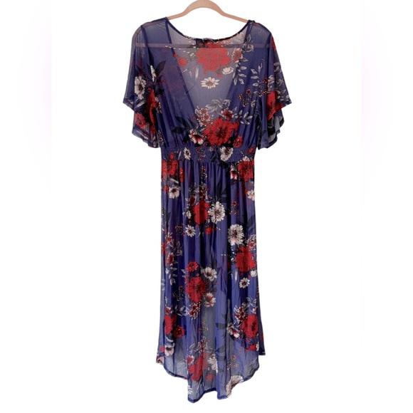 Derek Heart Sheer Floral High Low Flowy Sleeve Button Waist Ruffle Cardigan - Picture 2 of 6